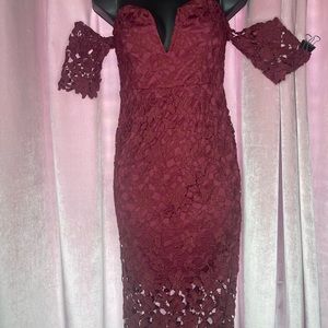 Maroon floral lace off the shoulder midi dress